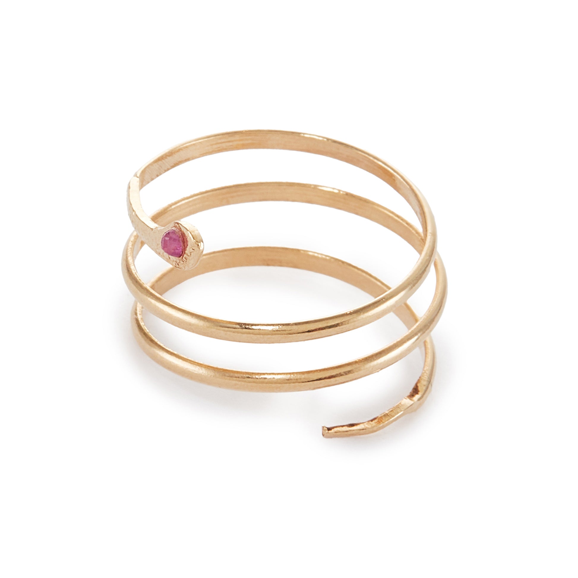 Charming 18ct gold coiling serpent ring set with a small cabochon ruby in the head. Italy
