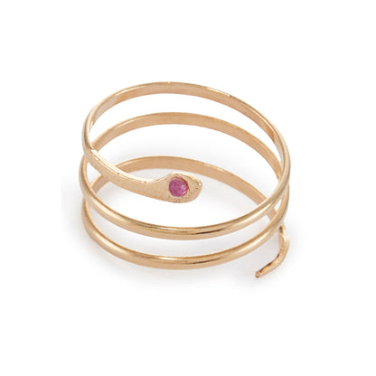 Charming 18ct gold coiling serpent ring set with a small cabochon ruby in the head. Italy