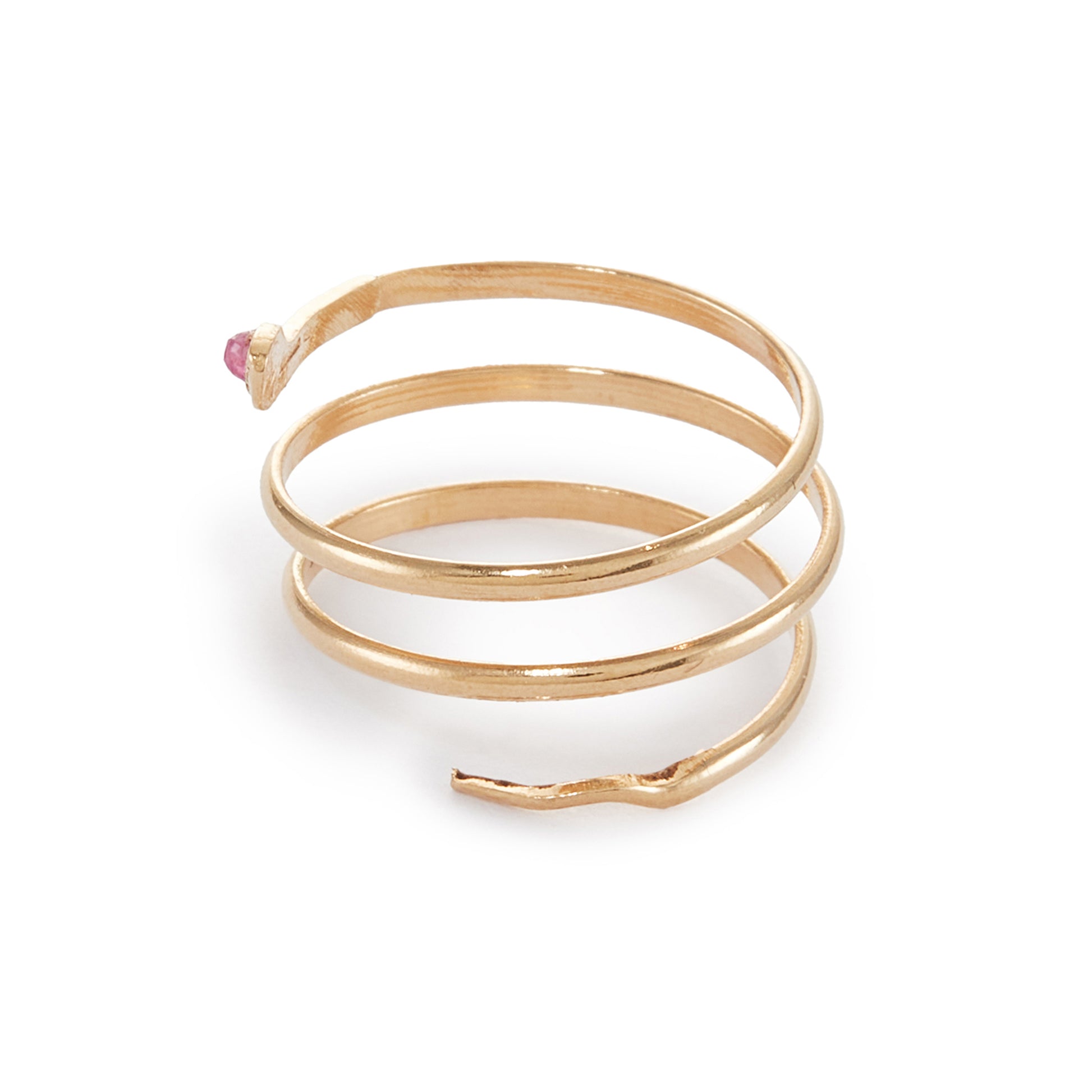 Charming 18ct gold coiling serpent ring set with a small cabochon ruby in the head. Italy