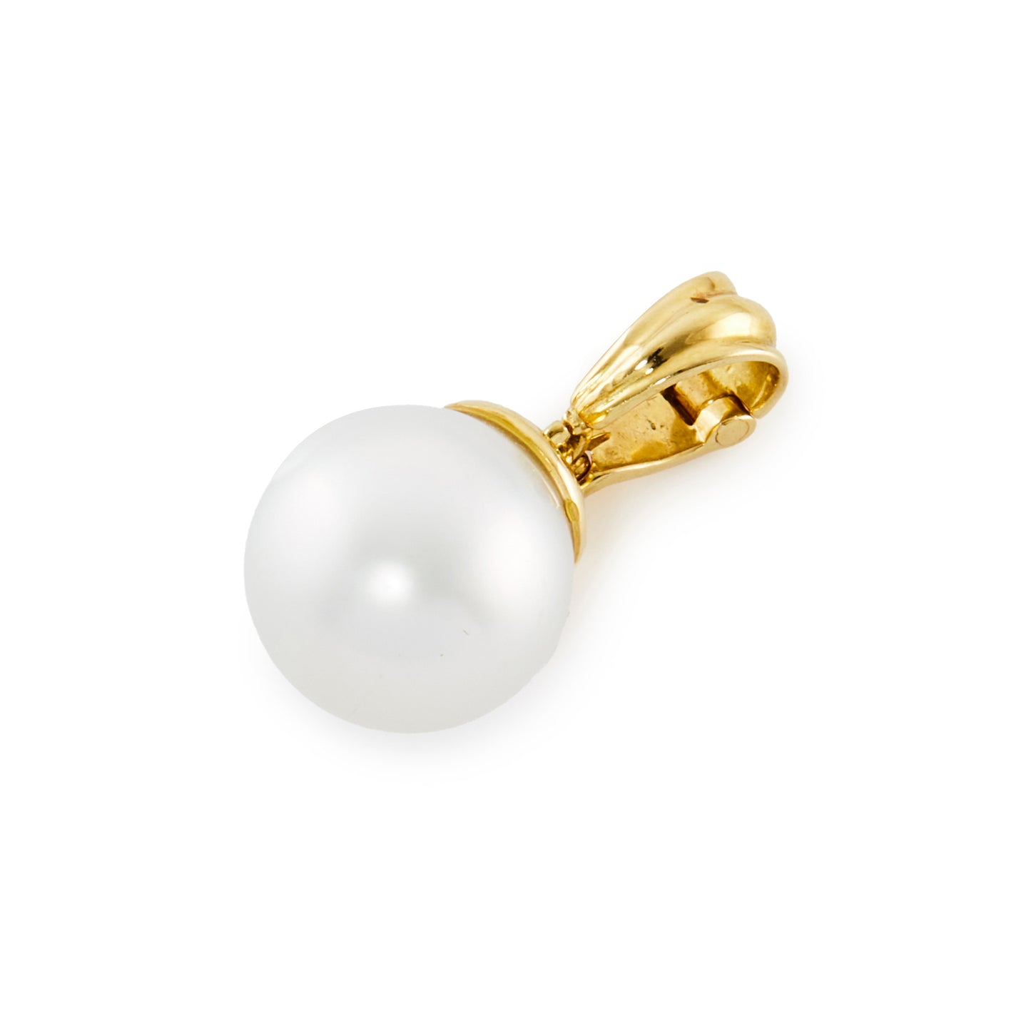 Classic 18ct gold lustrous 12mm South Sea pearl pendant with a slight silver hue. Bale opens for easy attachment to pearls or a chain.