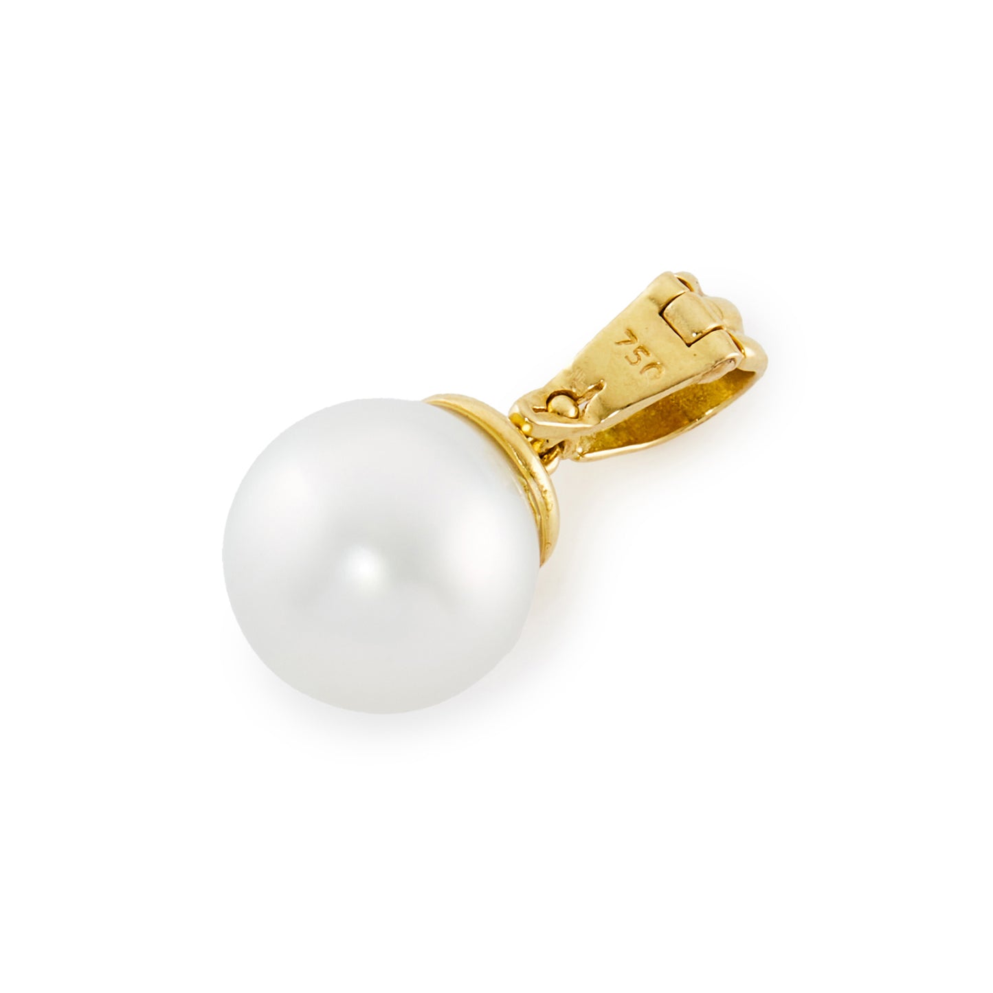 Classic 18ct gold lustrous 12mm South Sea pearl pendant with a slight silver hue. Bale opens for easy attachment to pearls or a chain.