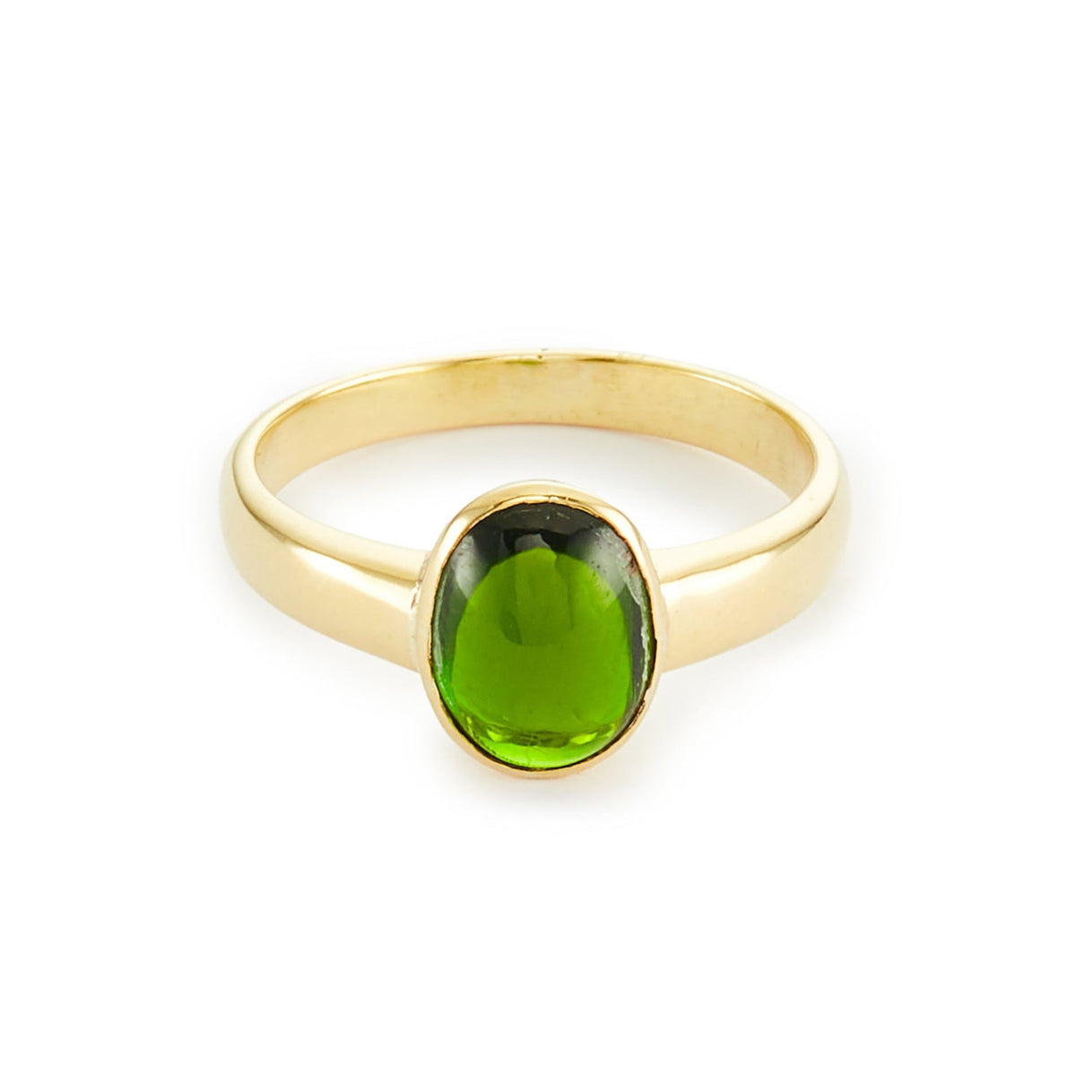 Elegant vintage 18ct yellow gold ring with a deep green tourmaline in a tube setting.