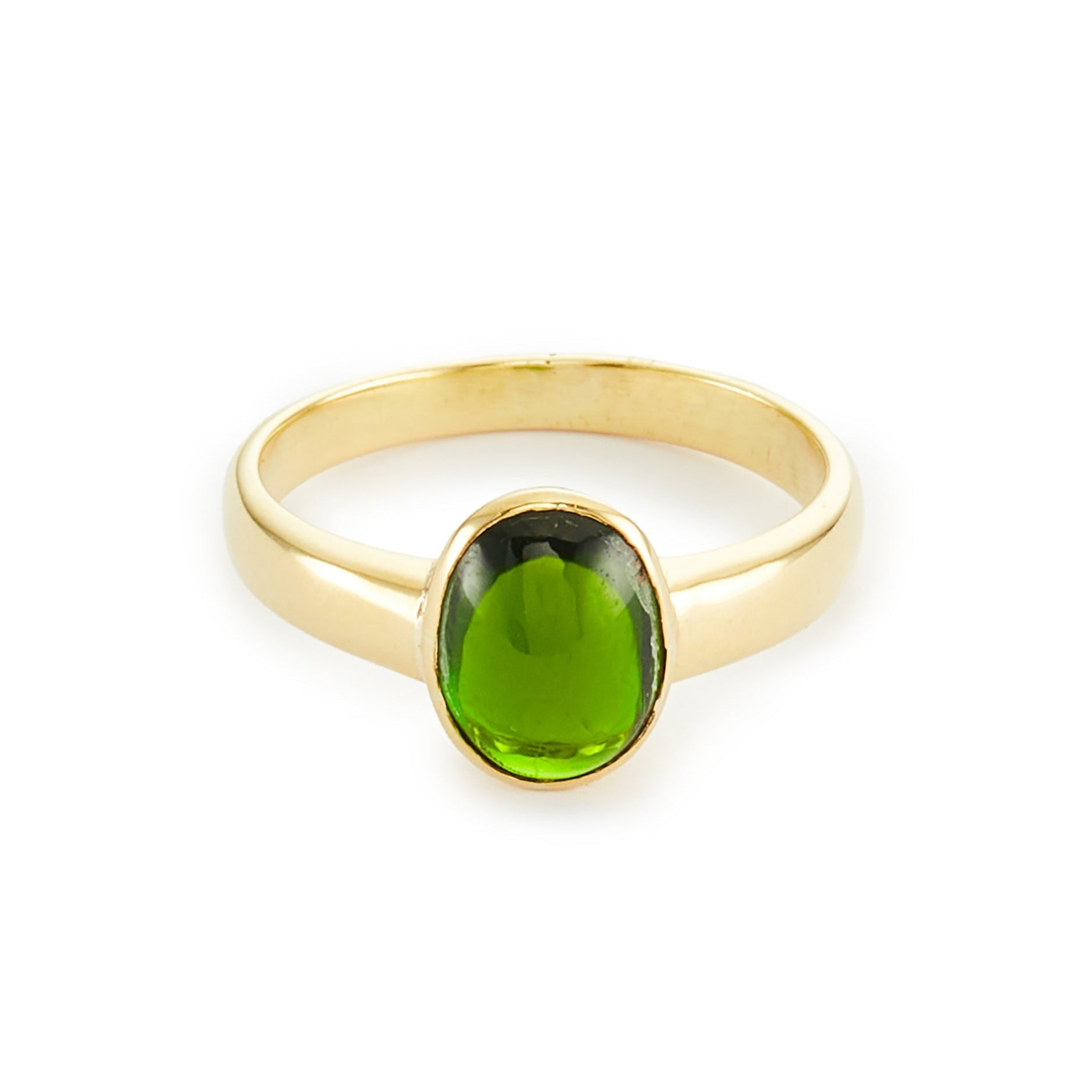 Elegant vintage 18ct yellow gold ring with a deep green tourmaline in a tube setting.
