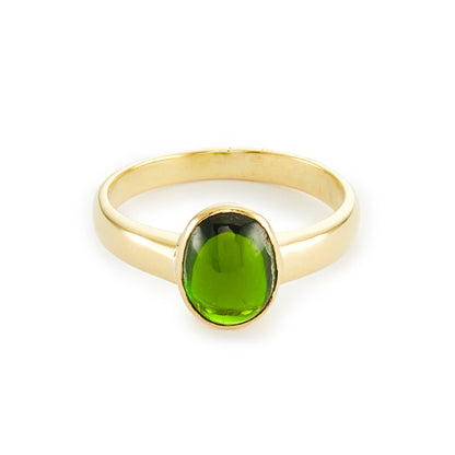Elegant vintage 18ct yellow gold ring with a deep green tourmaline in a tube setting.