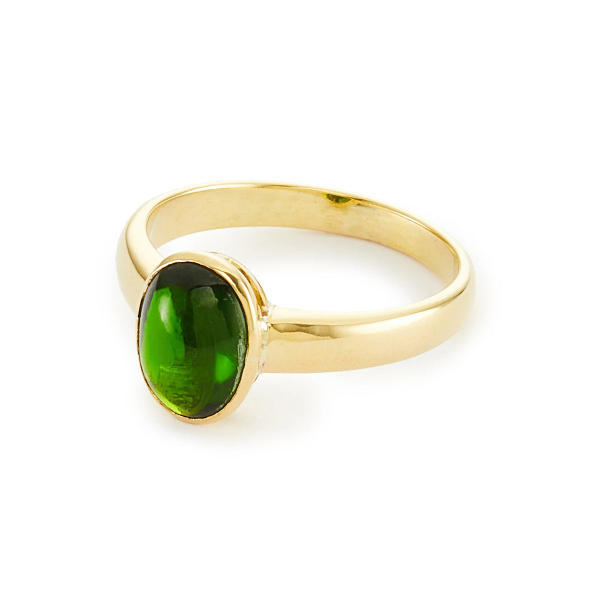 Elegant vintage 18ct yellow gold ring with a deep green tourmaline in a tube setting.