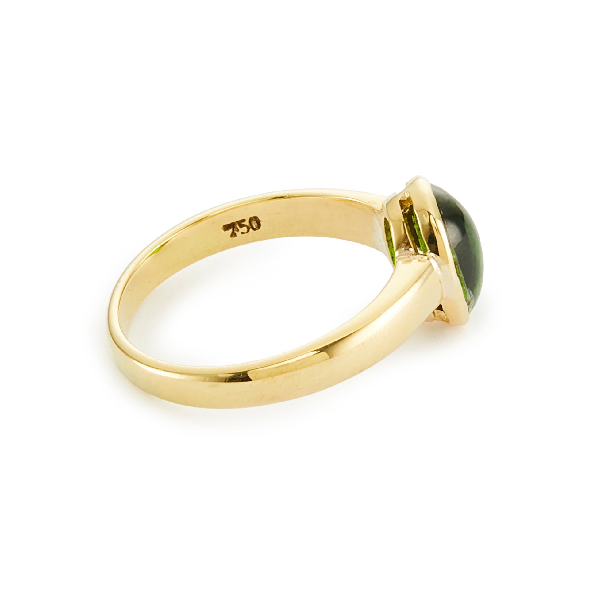 Elegant vintage 18ct yellow gold ring with a deep green tourmaline in a tube setting.