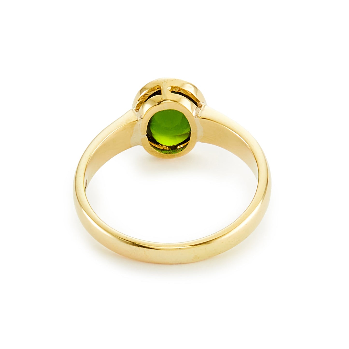 Elegant vintage 18ct yellow gold ring with a deep green tourmaline in a tube setting.
