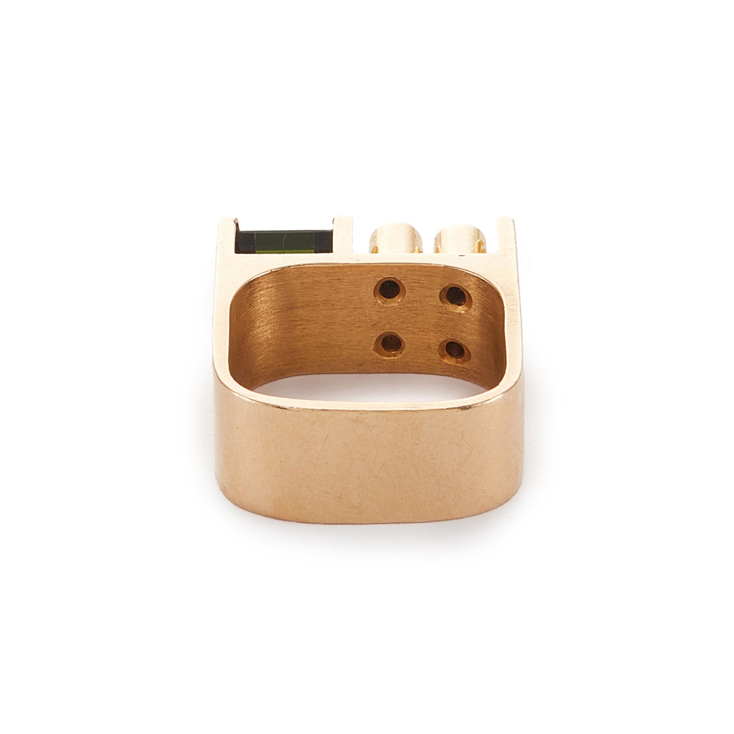 Very stylish 18ct yellow gold Erich Fry designer ring set with a princess cut green tourmaline and four round diamonds.
Circa 1970s