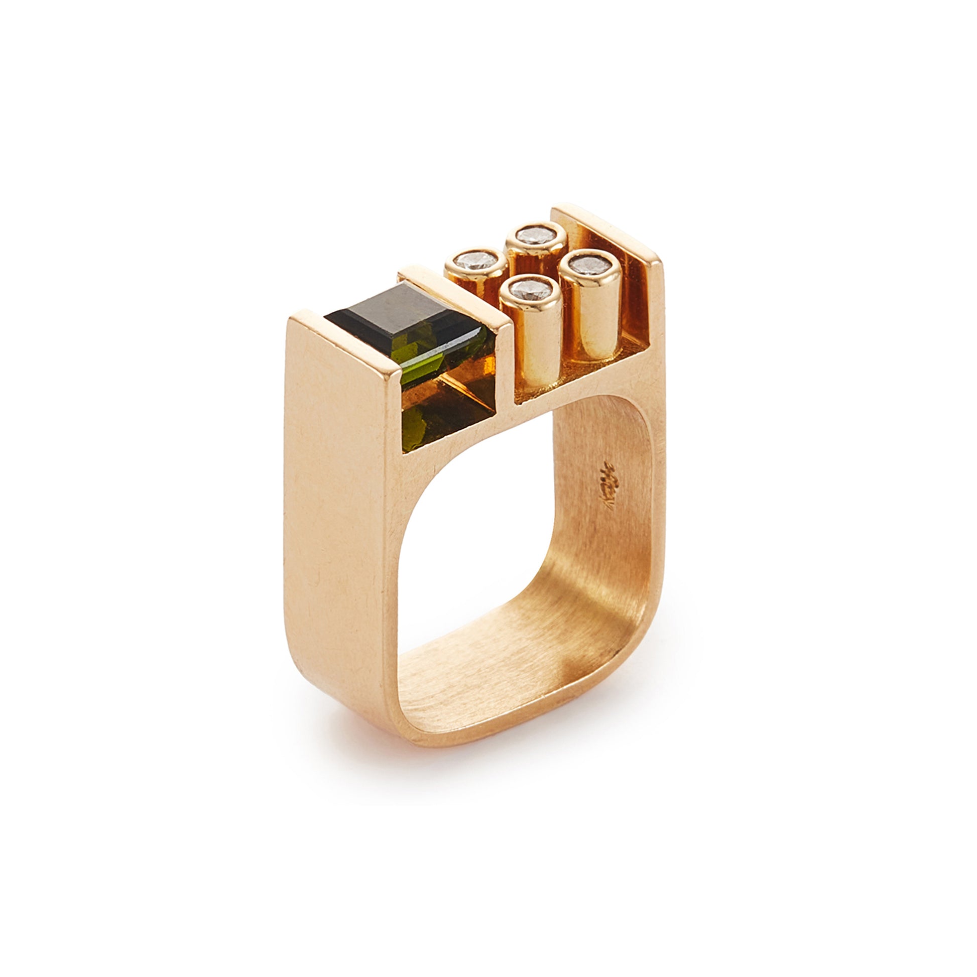 Very stylish 18ct yellow gold Erich Fry designer ring set with a princess cut green tourmaline and four round diamonds.
Circa 1970s