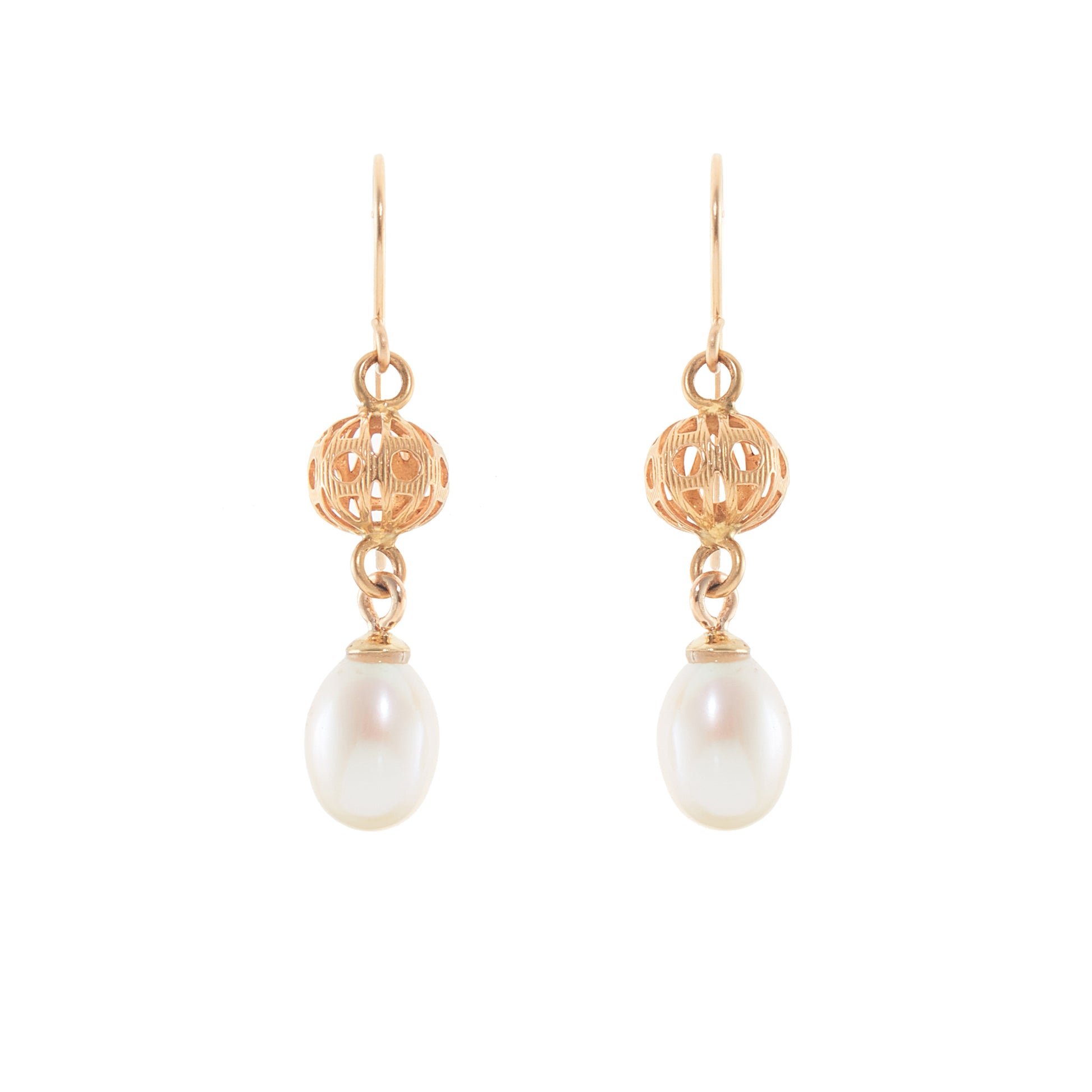 Vintage 18ct yellow gold dangling earrings, each set with a lustrous pearl drop.