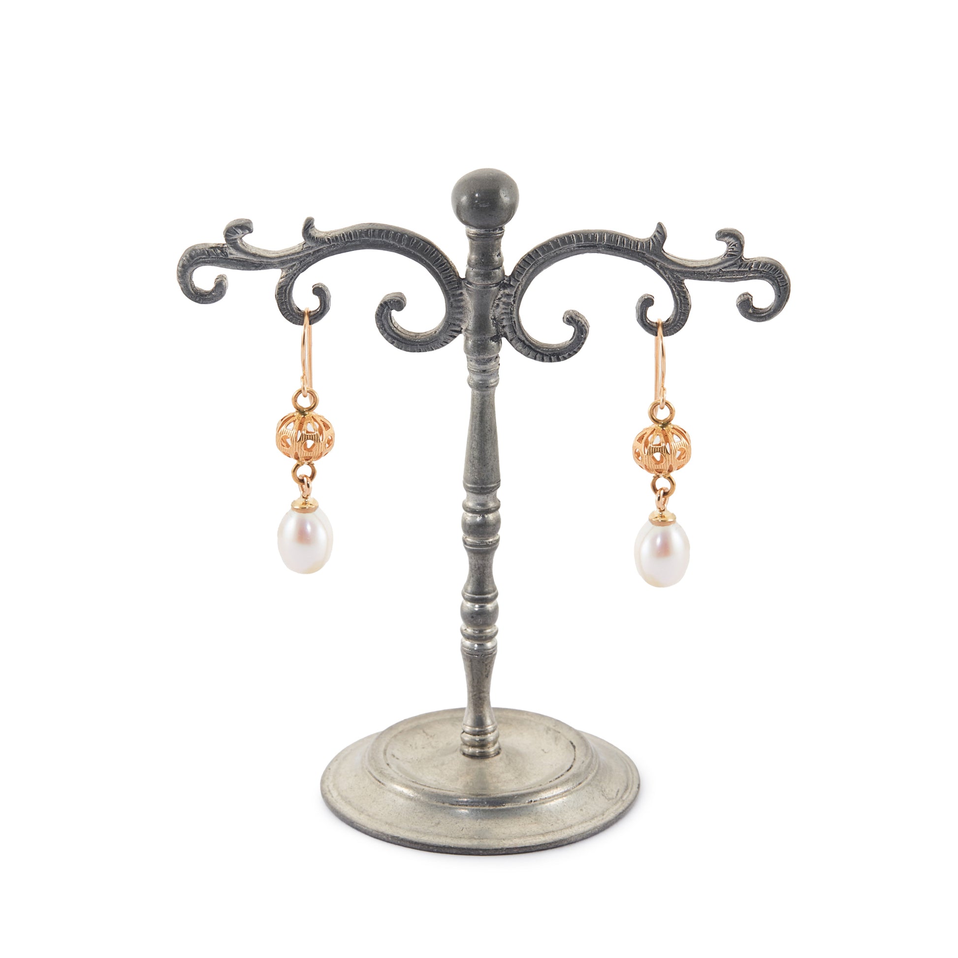 Vintage 18ct yellow gold dangling earrings, each set with a lustrous pearl drop.