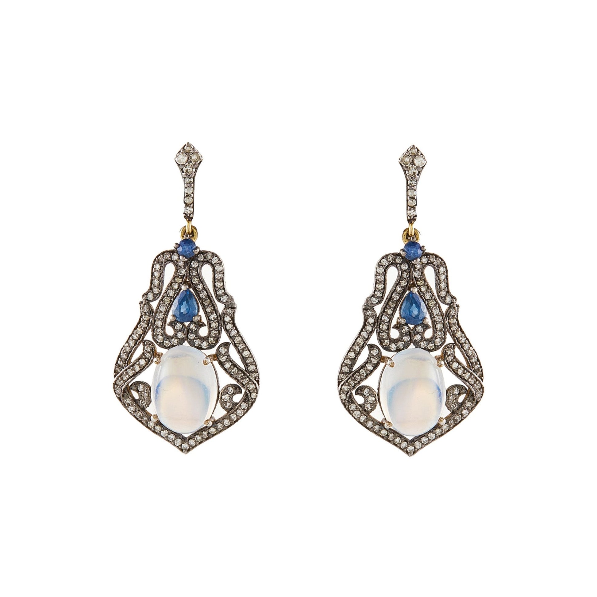 Exquisite drop earrings each with a cabochon moonstone, two faceted sapphires, surrounded by multiple tiny diamonds in a silver on 18ct gold setting and 18ct gold butterflies. Italy