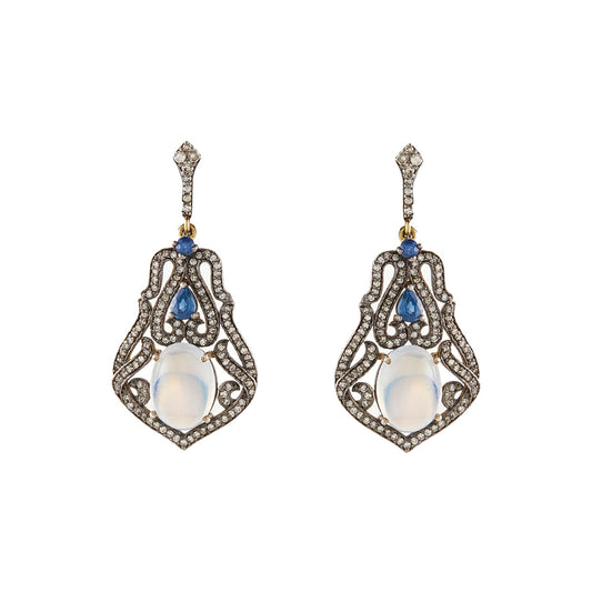 Exquisite drop earrings each with a cabochon moonstone, two faceted sapphires, surrounded by multiple tiny diamonds in a silver on 18ct gold setting and 18ct gold butterflies. Italy