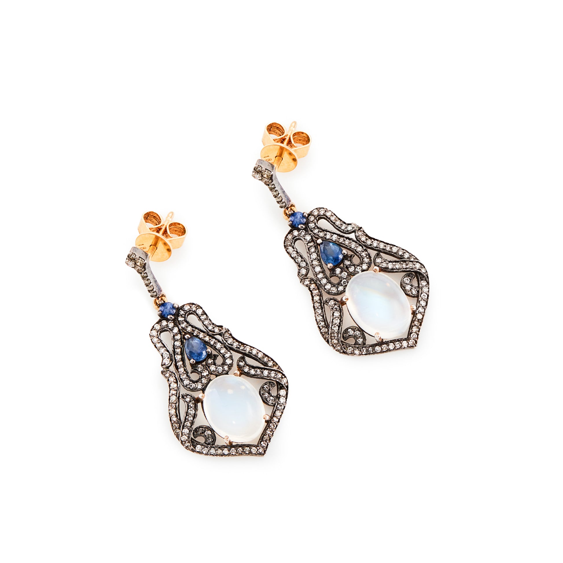 Exquisite drop earrings each with a cabochon moonstone, two faceted sapphires, surrounded by multiple tiny diamonds in a silver on 18ct gold setting and 18ct gold butterflies. Italy