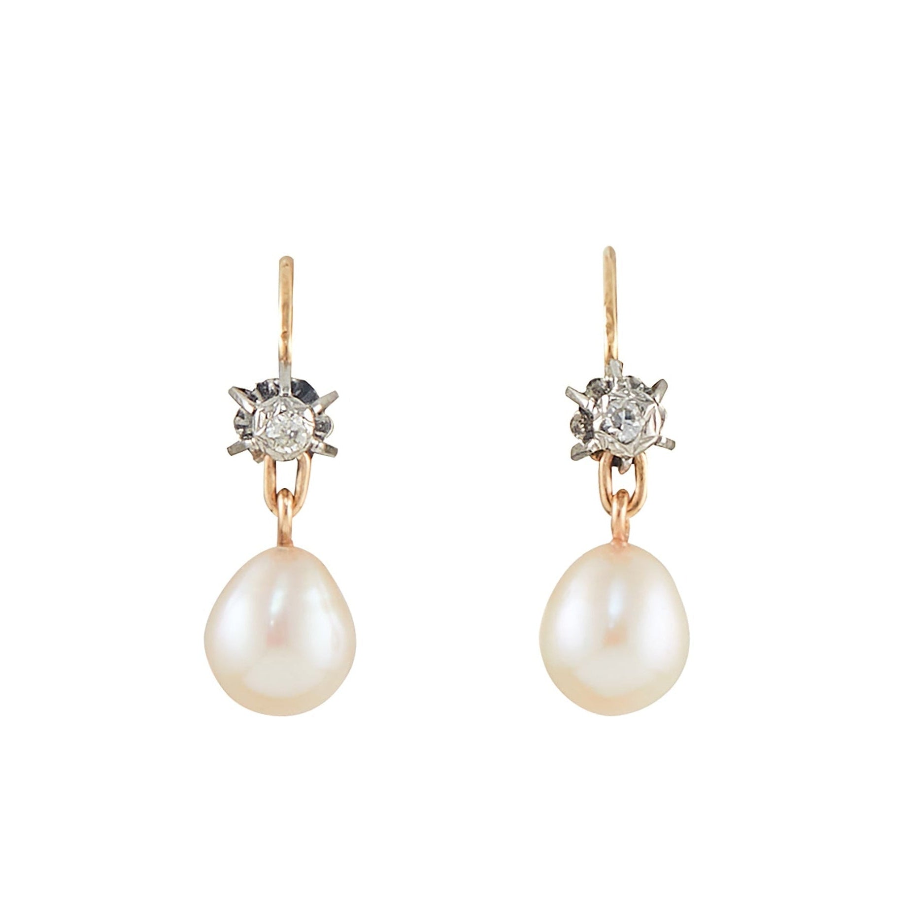 Lovely 18ct gold earrings, each with an old-European-cut diamond in a silver setting, and a dangling pearl drop.