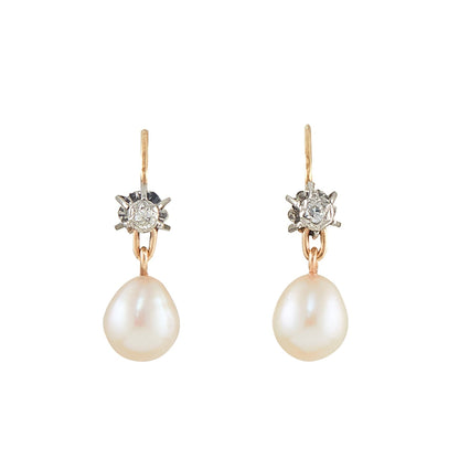 Lovely 18ct gold earrings, each with an old-European-cut diamond in a silver setting, and a dangling pearl drop.