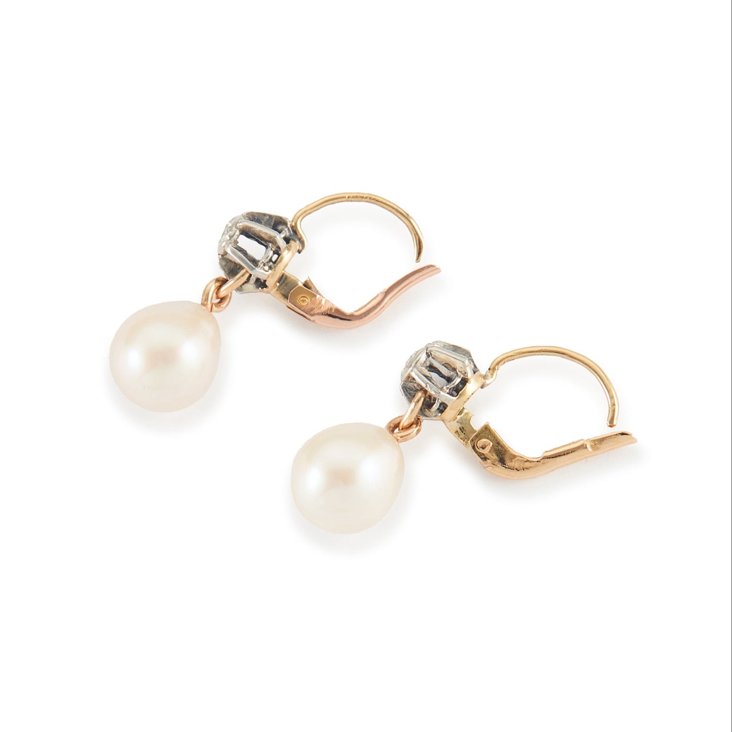 Lovely 18ct gold earrings, each with an old-European-cut diamond in a silver setting, and a dangling pearl drop.