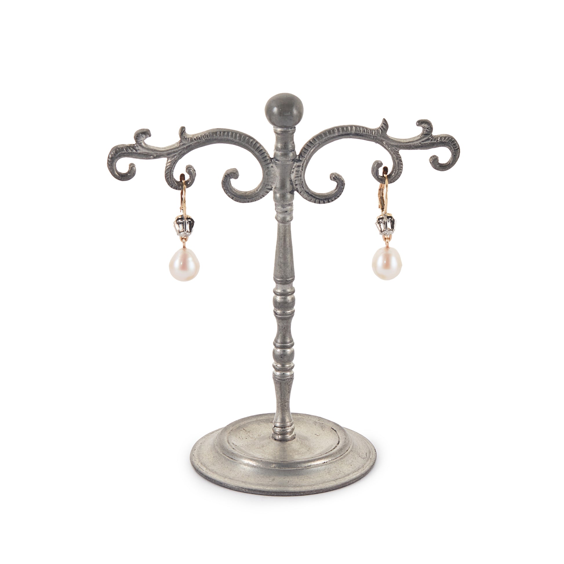 Lovely 18ct gold earrings, each with an old-European-cut diamond in a silver setting, and a dangling pearl drop.