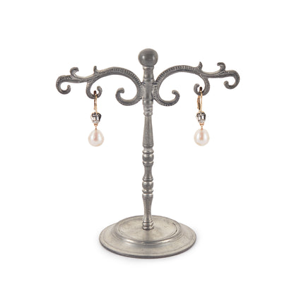 Lovely 18ct gold earrings, each with an old-European-cut diamond in a silver setting, and a dangling pearl drop.