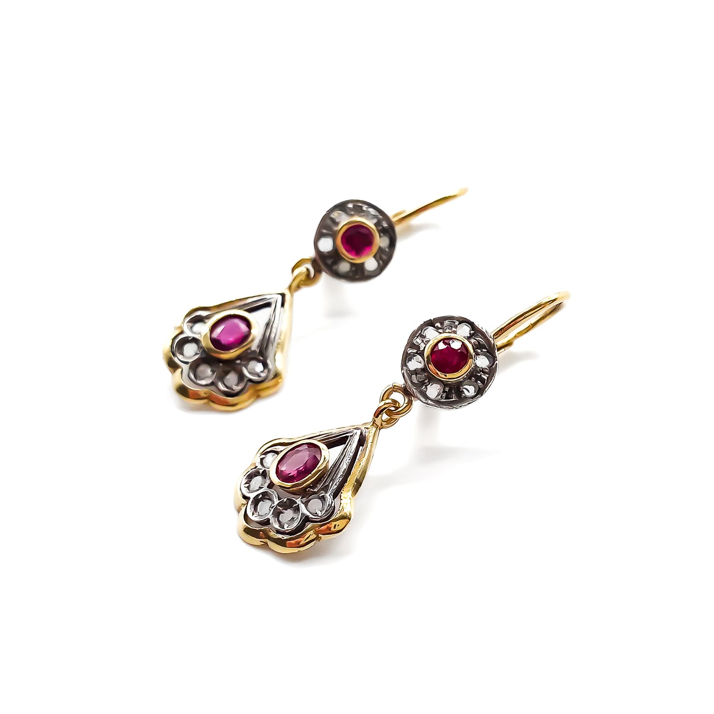 Dainty 18ct yellow gold and silver earrings, each set with two faceted rubies and eleven mine-cut diamond chips. Italy