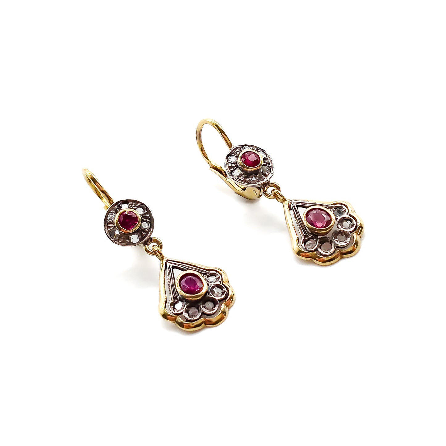 Dainty 18ct yellow gold and silver earrings, each set with two faceted rubies and eleven mine-cut diamond chips. Italy