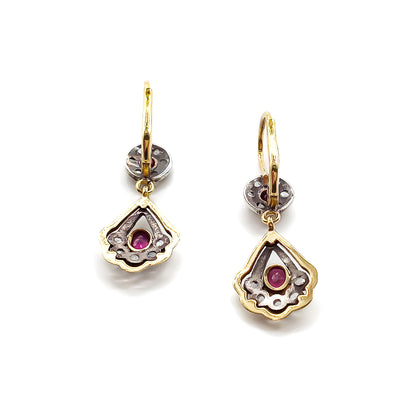 Dainty 18ct yellow gold and silver earrings, each set with two faceted rubies and eleven mine-cut diamond chips. Italy