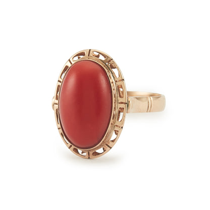 Exquisite mid-century 18ct rose gold ring set with a natural blood red Mediterranean coral cabochon.