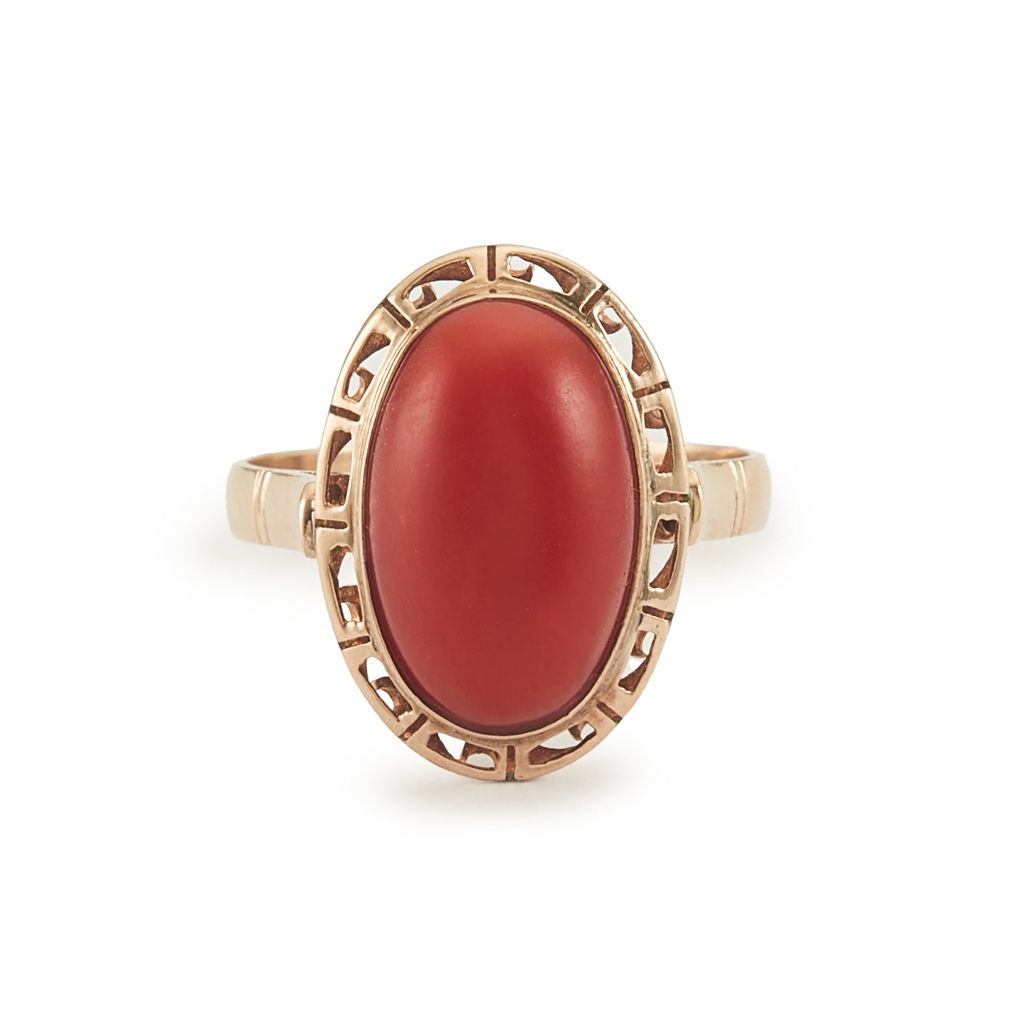Exquisite mid-century 18ct rose gold ring set with a natural blood red Mediterranean coral cabochon.