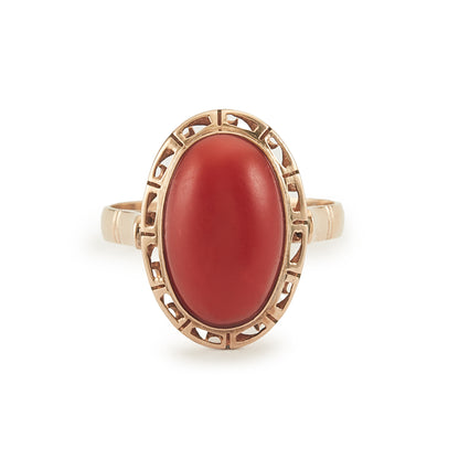 Exquisite mid-century 18ct rose gold ring set with a natural blood red Mediterranean coral cabochon.