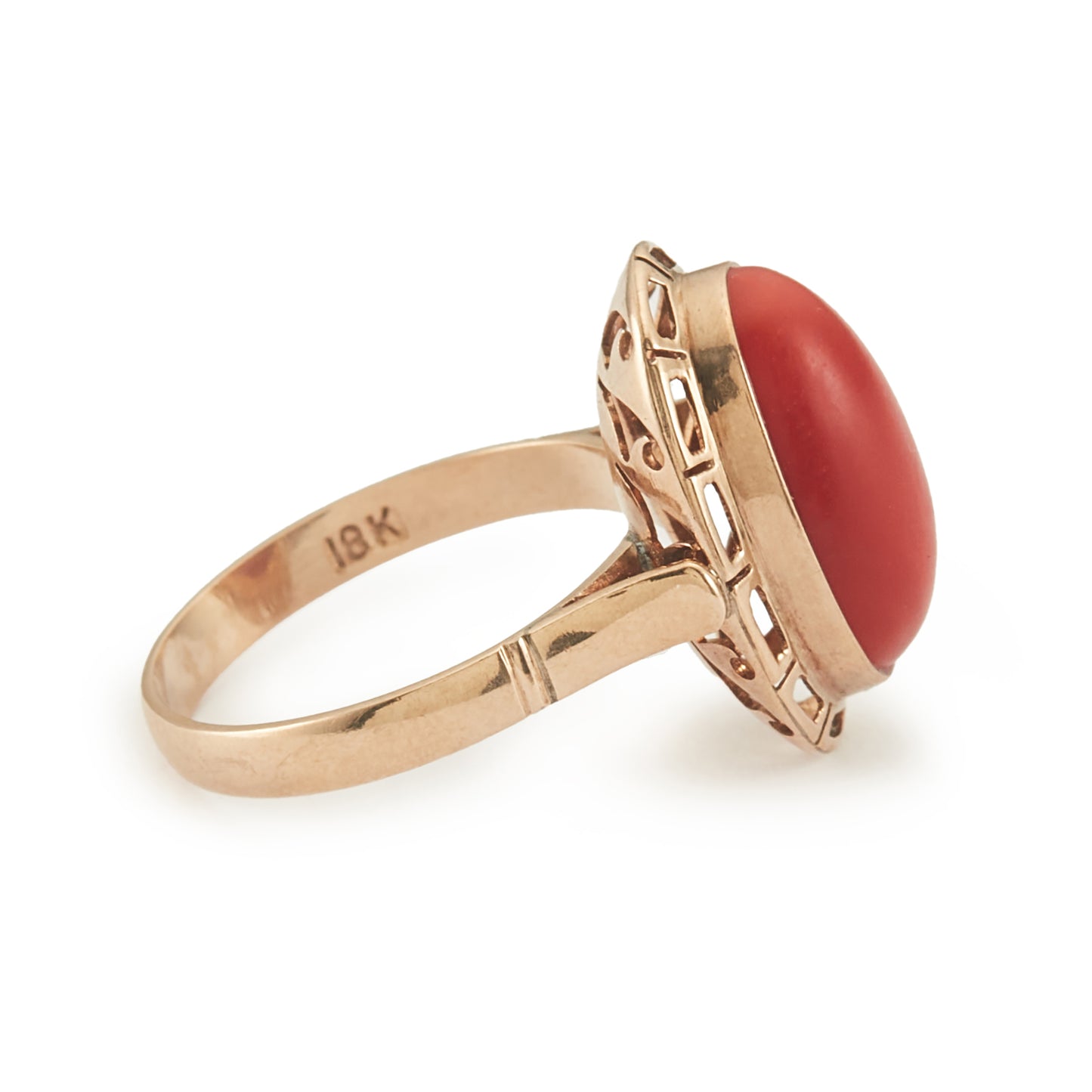 Exquisite mid-century 18ct rose gold ring set with a natural blood red Mediterranean coral cabochon.