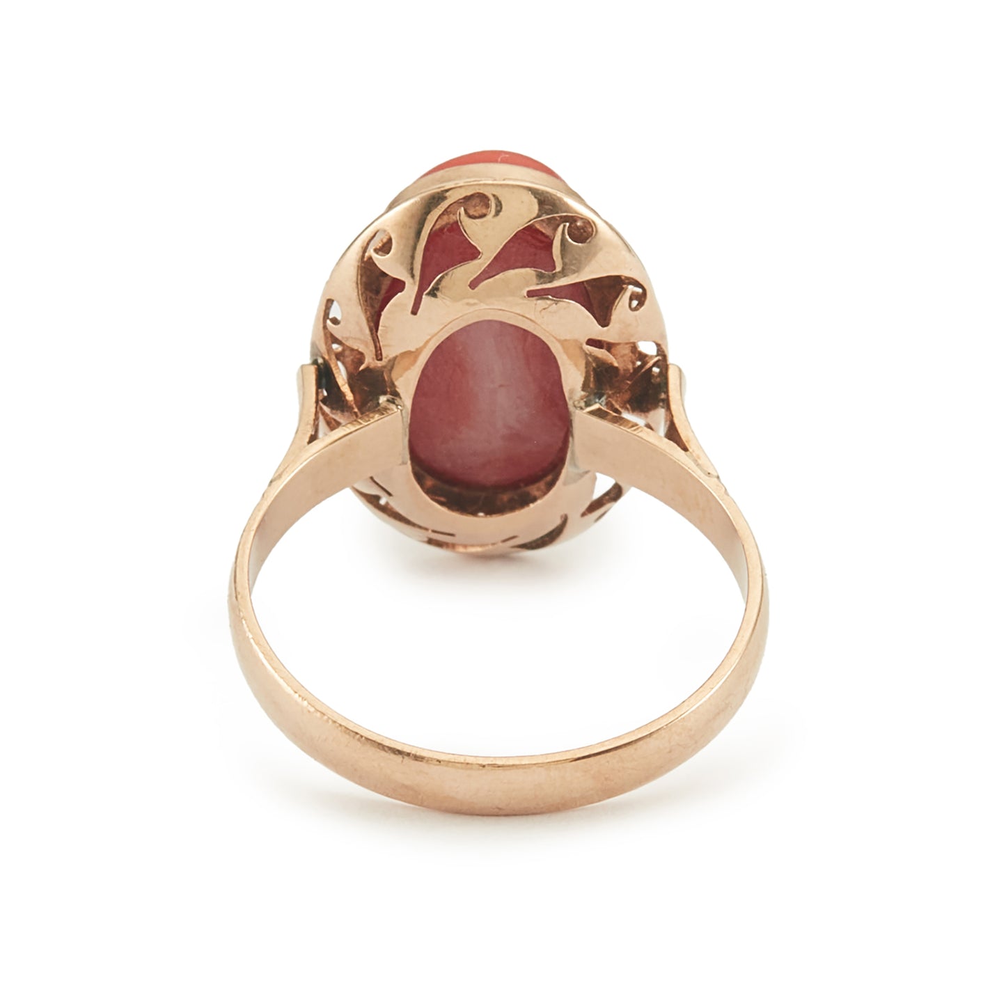 Exquisite mid-century 18ct rose gold ring set with a natural blood red Mediterranean coral cabochon.