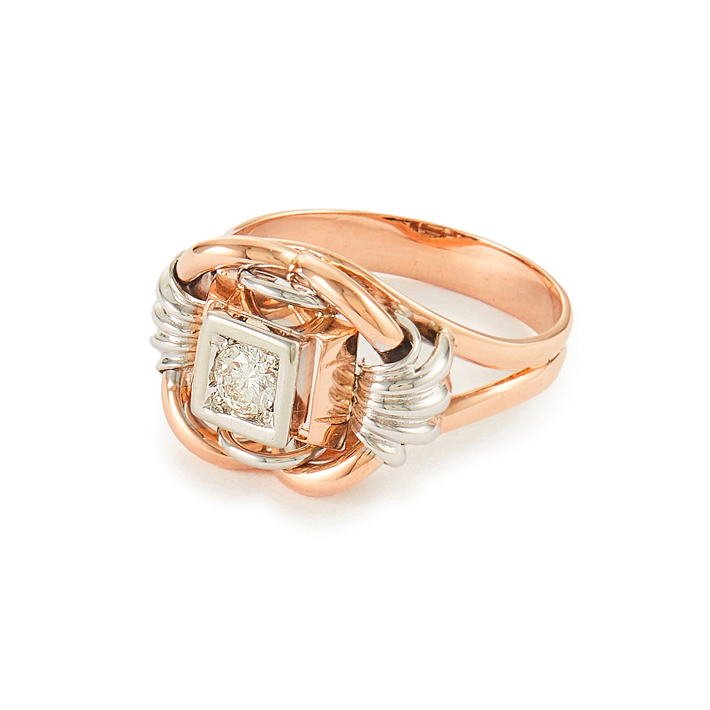 Stunning 18ct rose and white gold ring set with sparkling, round 0.25ct natural diamond in a square setting. Circa 1940s