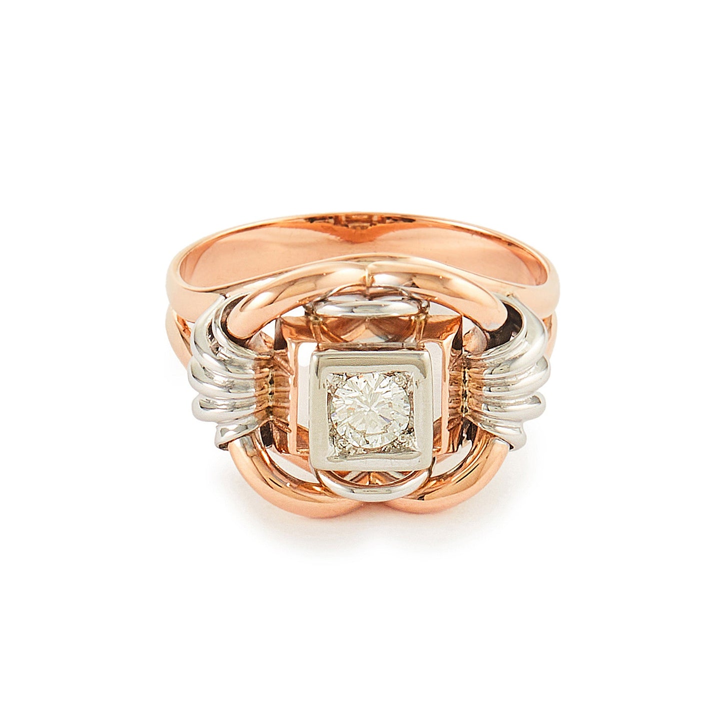 Stunning 18ct rose and white gold ring set with sparkling, round 0.25ct natural diamond in a square setting. Circa 1940s