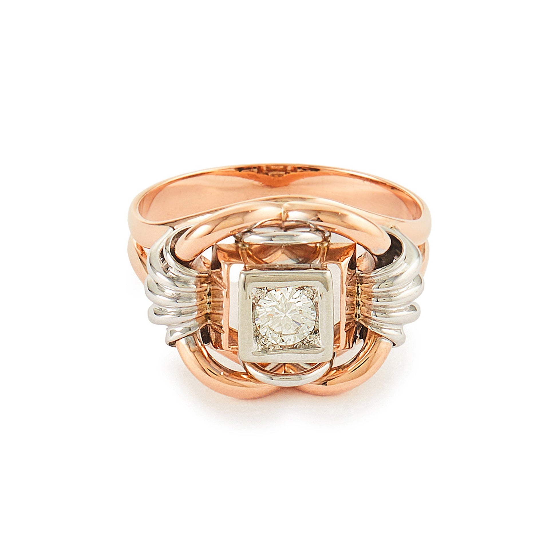 Stunning 18ct rose and white gold ring set with sparkling, round 0.25ct natural diamond in a square setting. Circa 1940s