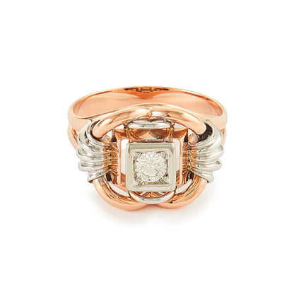 Stunning 18ct rose and white gold ring set with sparkling, round 0.25ct natural diamond in a square setting. Circa 1940s