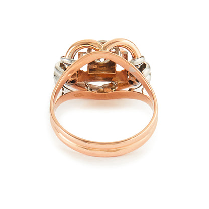 Stunning 18ct rose and white gold ring set with sparkling, round 0.25ct natural diamond in a square setting. Circa 1940s