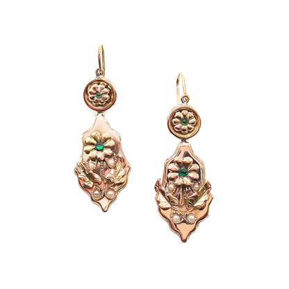 Stunning antique 18ct rose gold drop earrings, each set with two cabochon emeralds and four seed pearls in a floral design. Italy