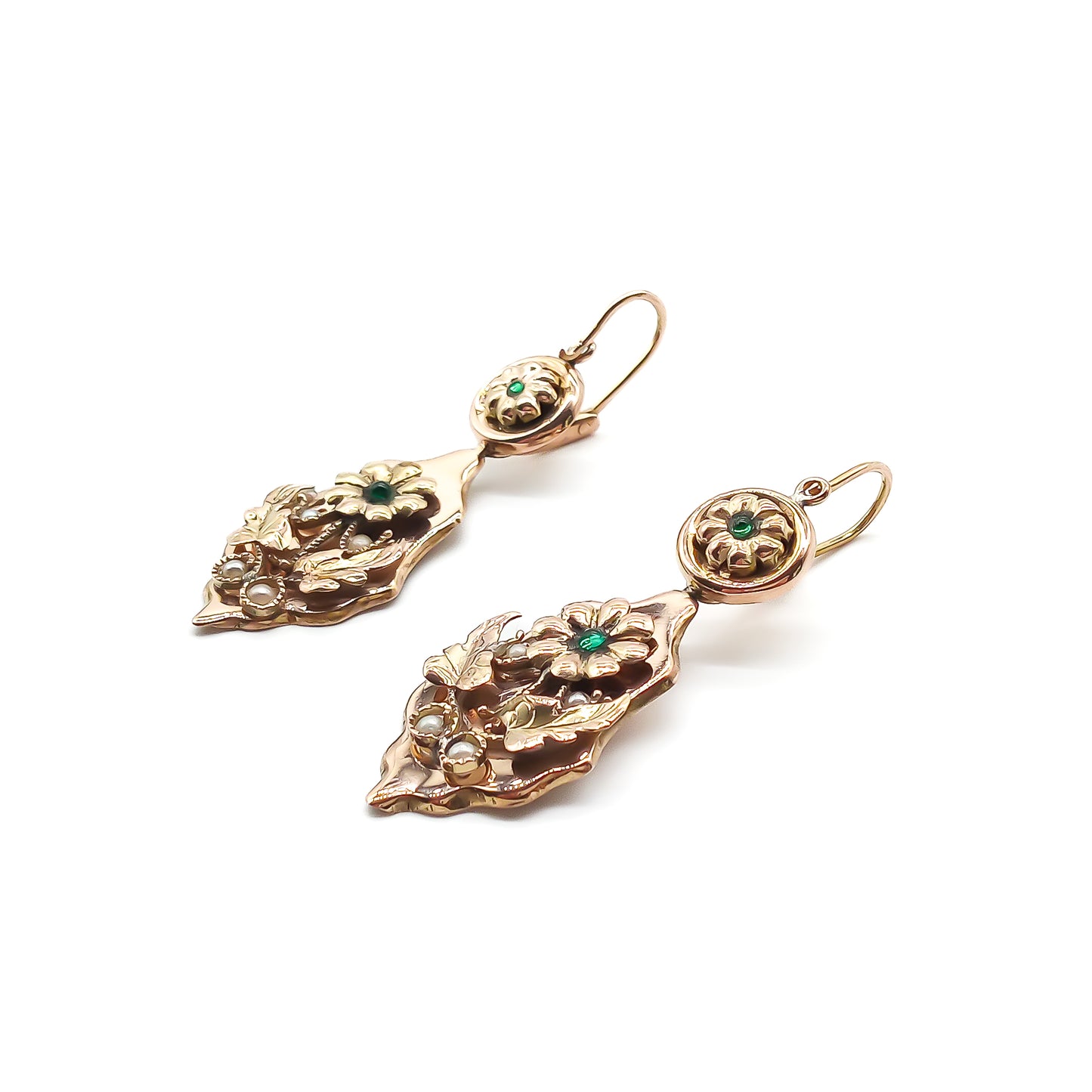 Stunning antique 18ct rose gold drop earrings, each set with two cabochon emeralds and four seed pearls in a floral design. Italy