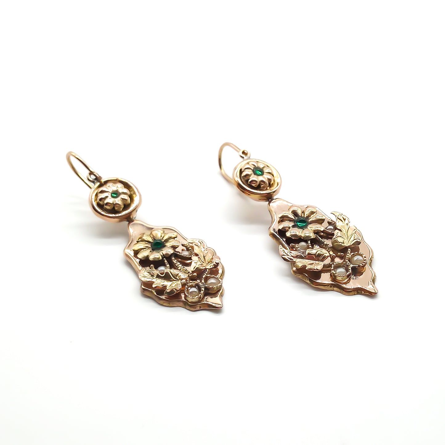 Stunning antique 18ct rose gold drop earrings, each set with two cabochon emeralds and four seed pearls in a floral design. Italy