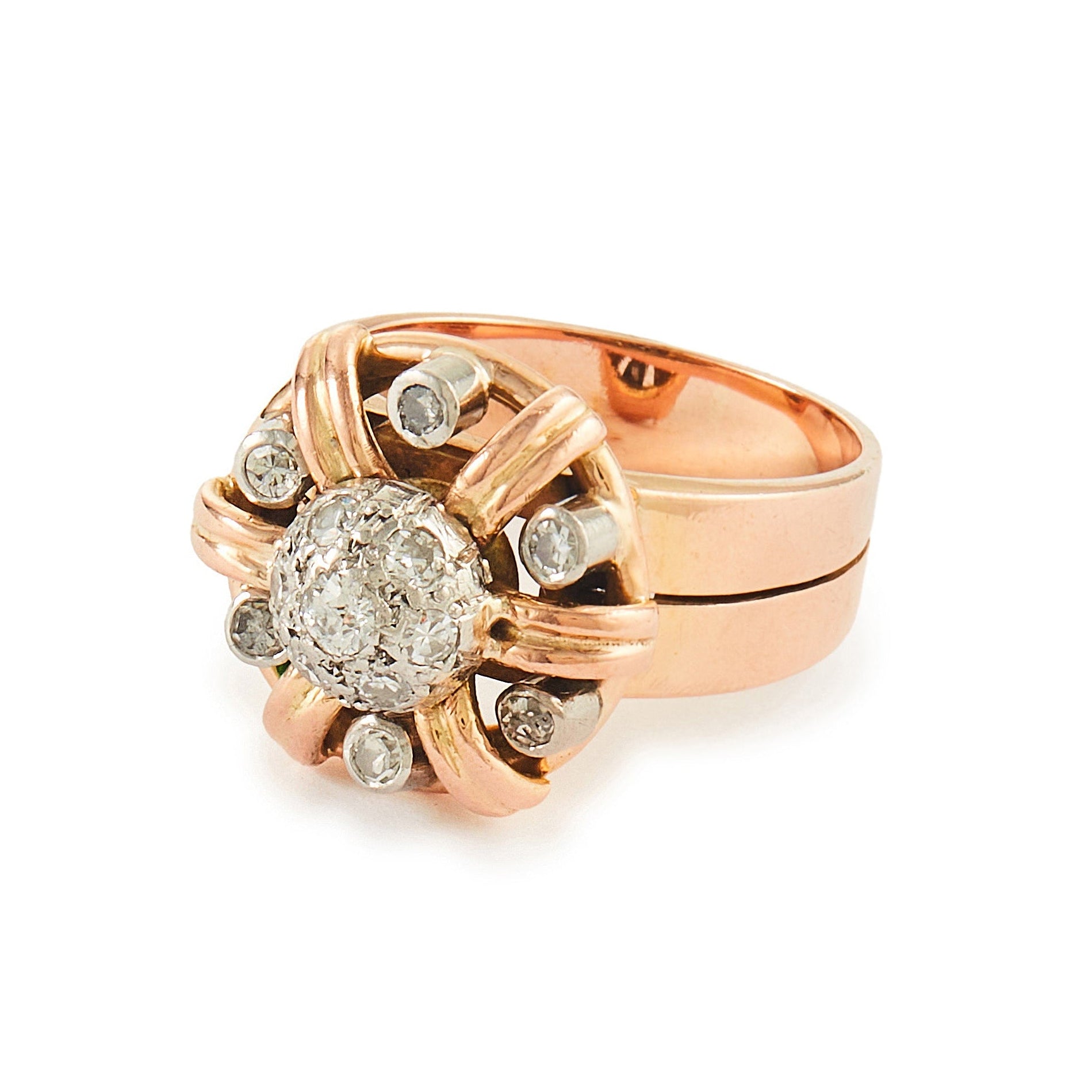 Stunning 18ct rose gold cocktail ring with thirteen old-cut diamonds in a white gold cluster setting. Circa 1940s
