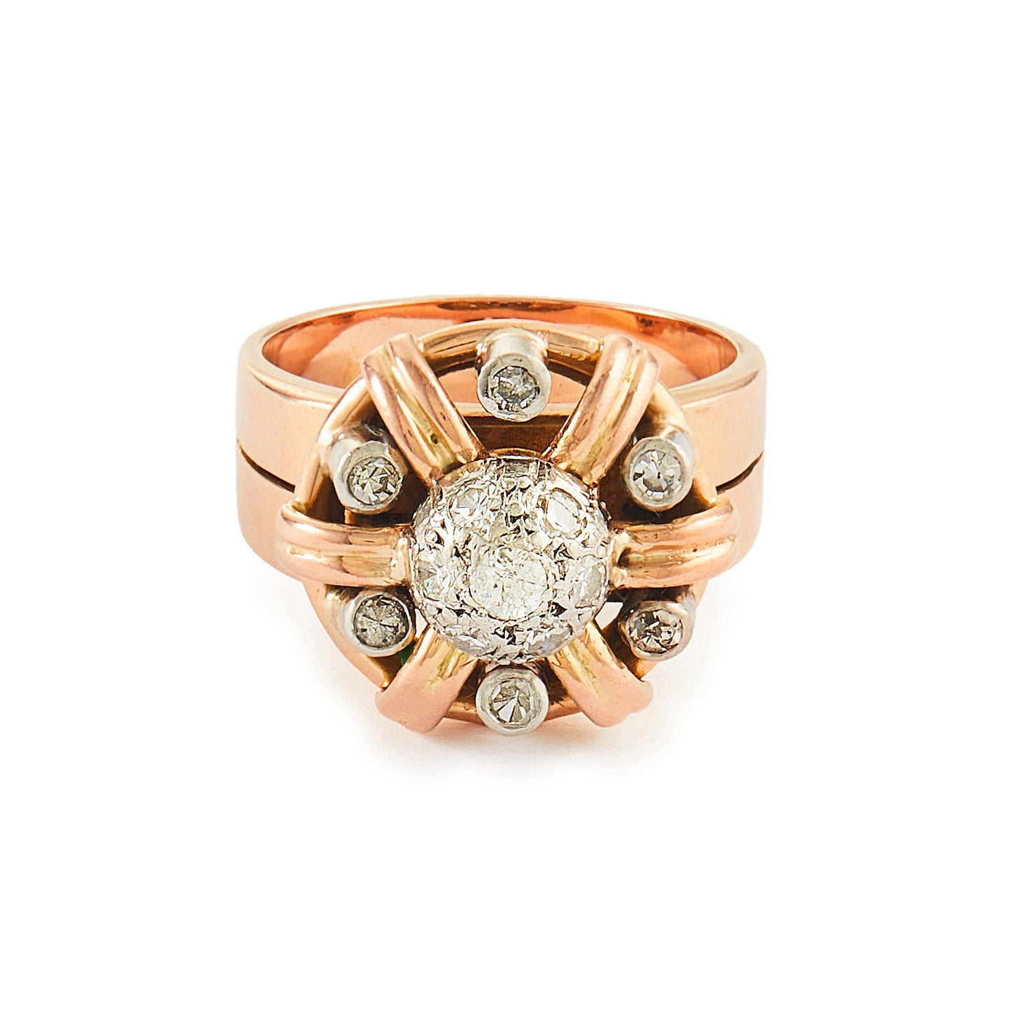 Stunning 18ct rose gold cocktail ring with thirteen old-cut diamonds in a white gold cluster setting. Circa 1940s