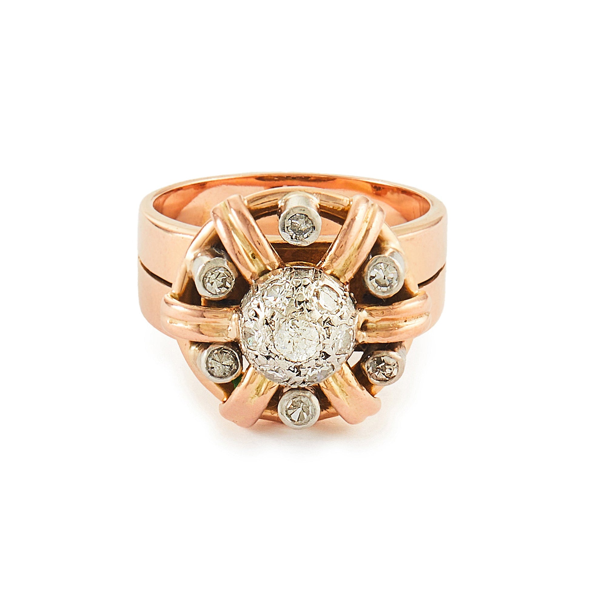 Stunning 18ct rose gold cocktail ring with thirteen old-cut diamonds in a white gold cluster setting. Circa 1940s