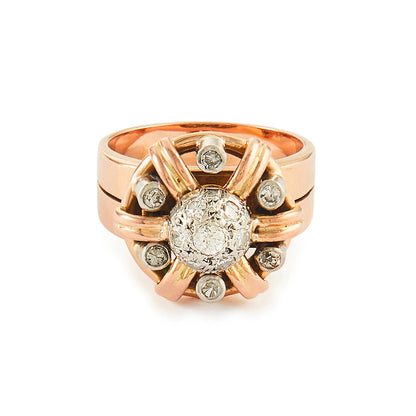 Stunning 18ct rose gold cocktail ring with thirteen old-cut diamonds in a white gold cluster setting. Circa 1940s