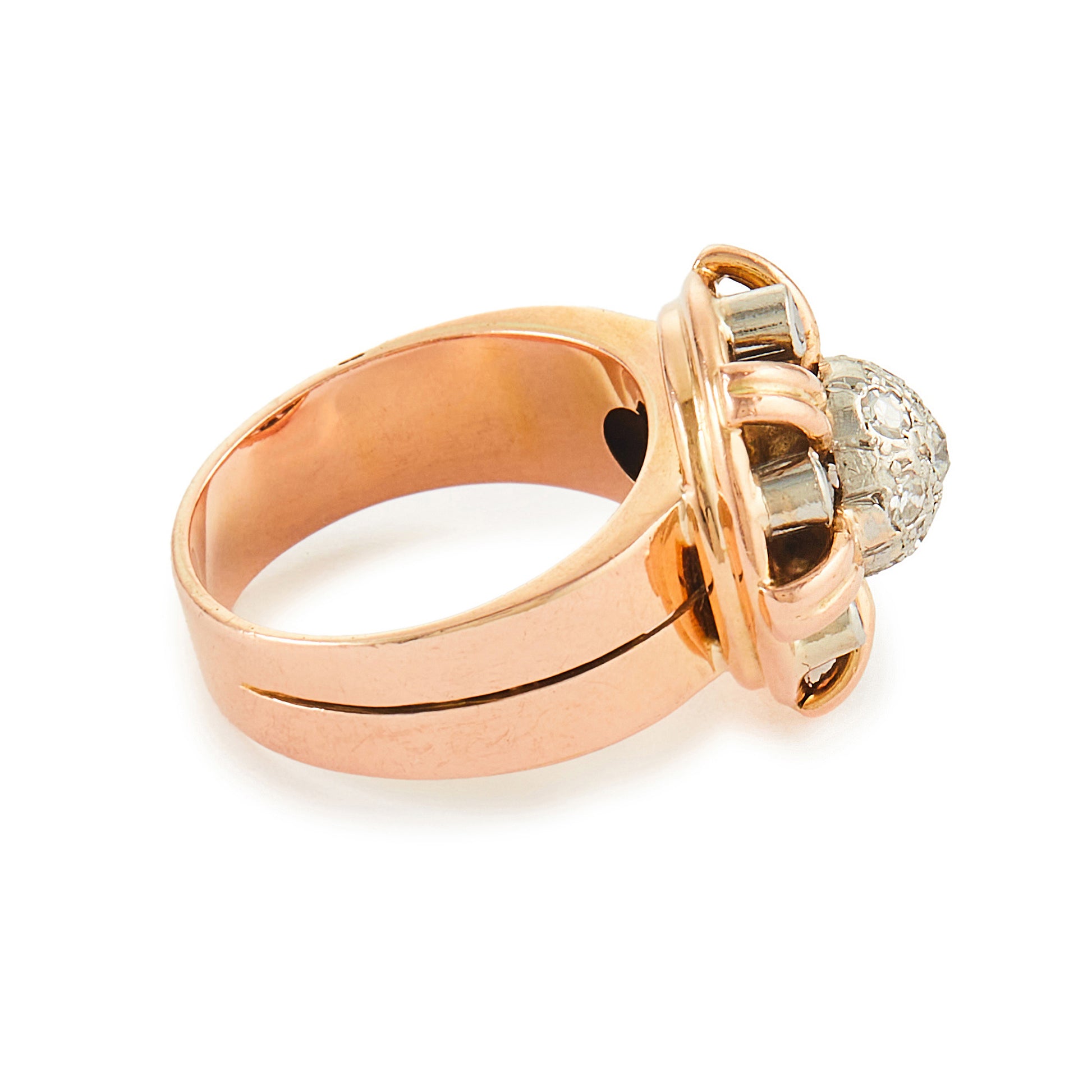 Stunning 18ct rose gold cocktail ring with thirteen old-cut diamonds in a white gold cluster setting. Circa 1940s