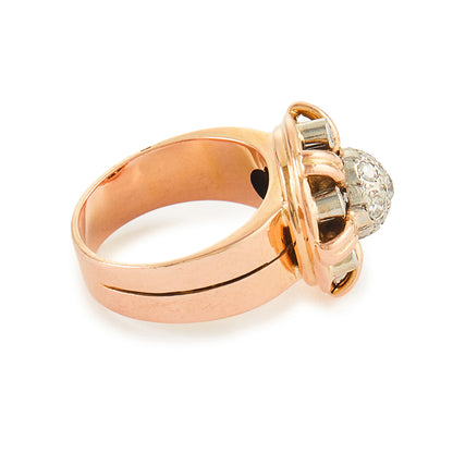 Stunning 18ct rose gold cocktail ring with thirteen old-cut diamonds in a white gold cluster setting. Circa 1940s