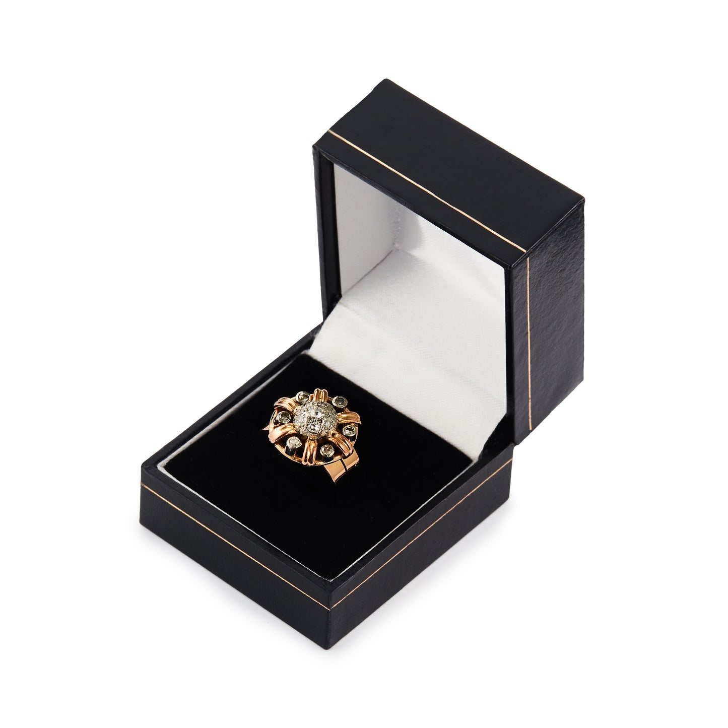 Stunning 18ct rose gold cocktail ring with thirteen old-cut diamonds in a white gold cluster setting. Circa 1940s