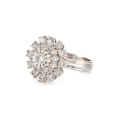 Glamorous vintage 18ct white gold three tiered cluster ring, set with twenty-five sparkling diamonds.