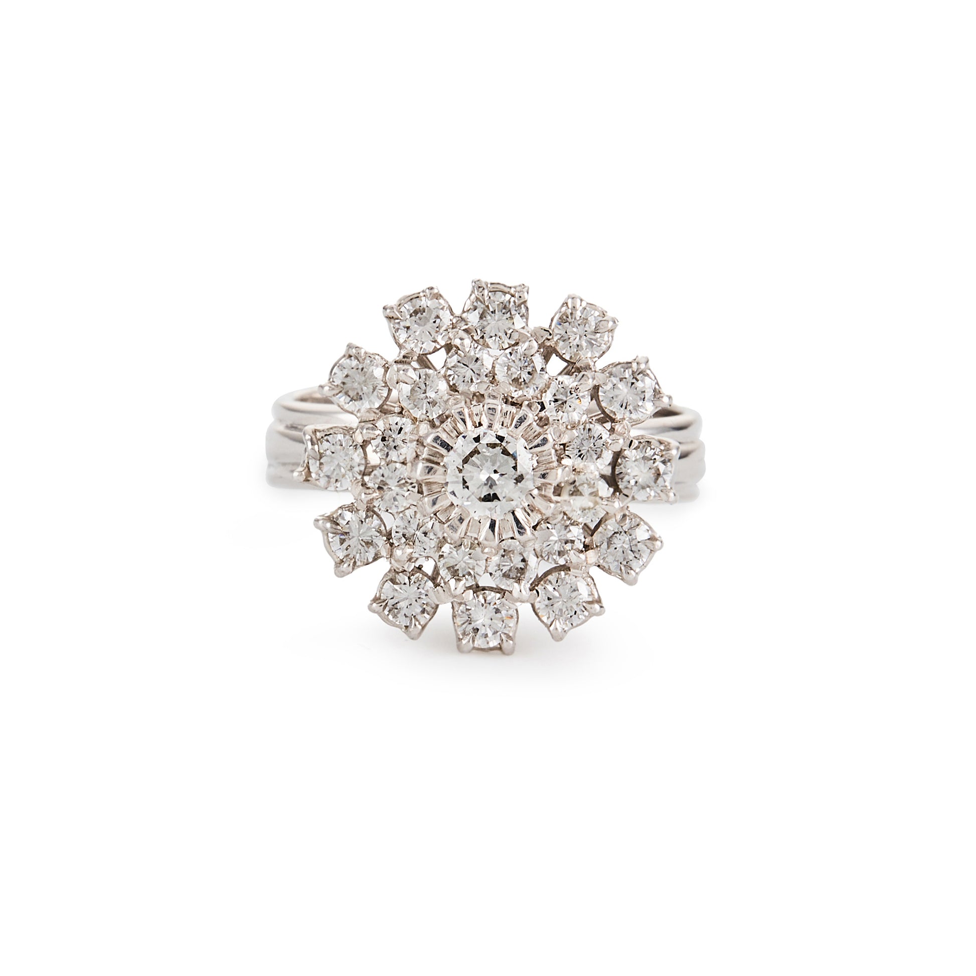 Glamorous vintage 18ct white gold three tiered cluster ring, set with twenty-five sparkling diamonds.