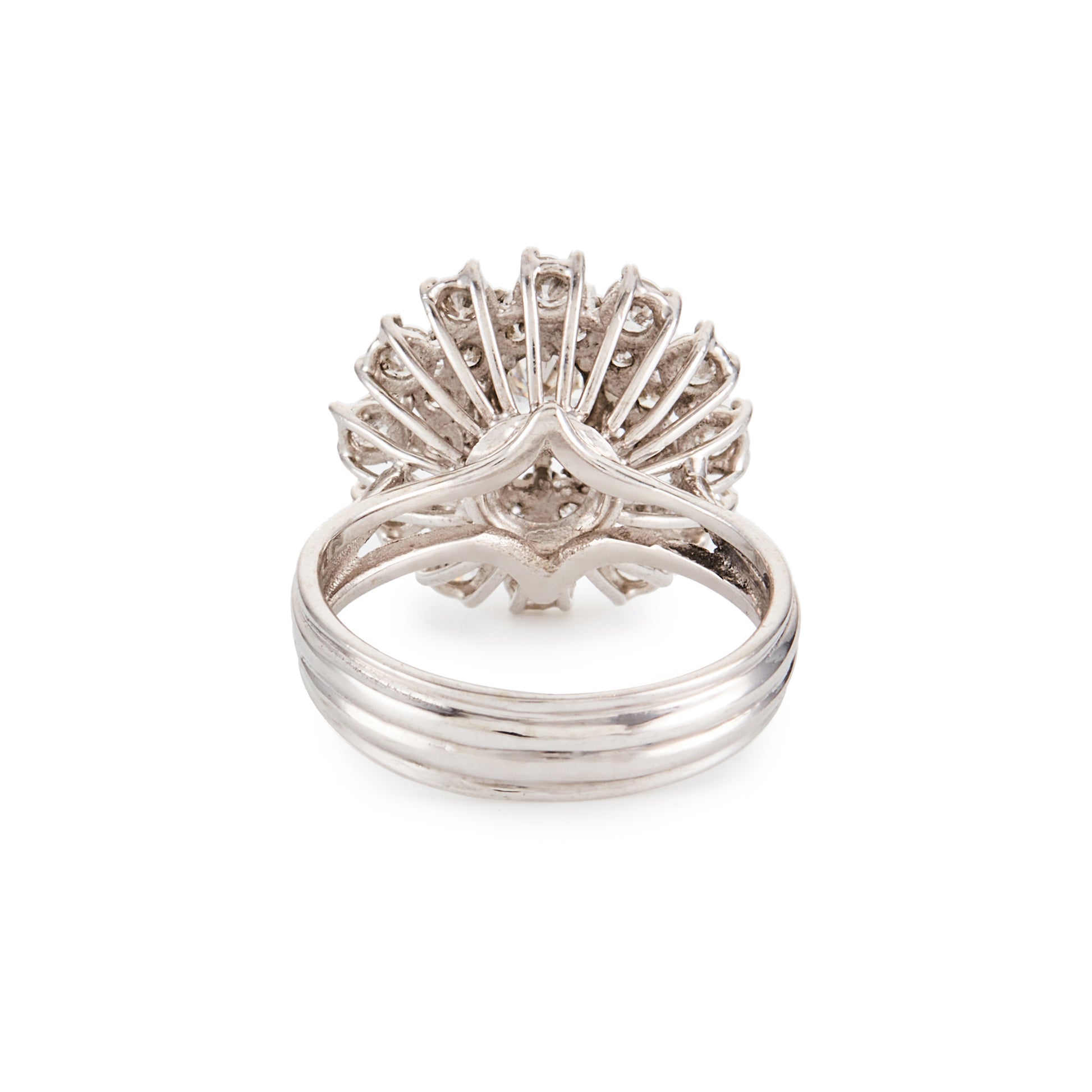 Glamorous vintage 18ct white gold three tiered cluster ring, set with twenty-five sparkling diamonds.