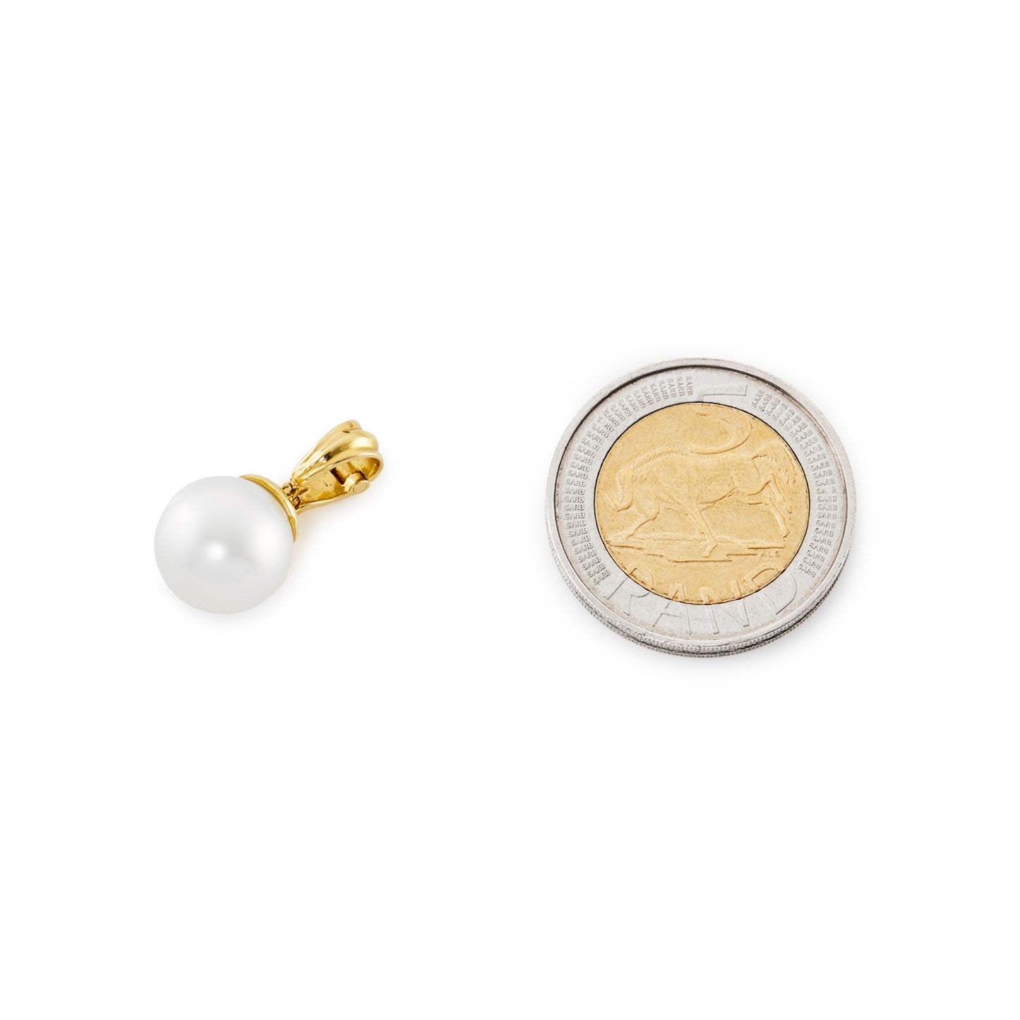 Classic 18ct gold lustrous 12mm South Sea pearl pendant with a slight silver hue. Bale opens for easy attachment to pearls or a chain.